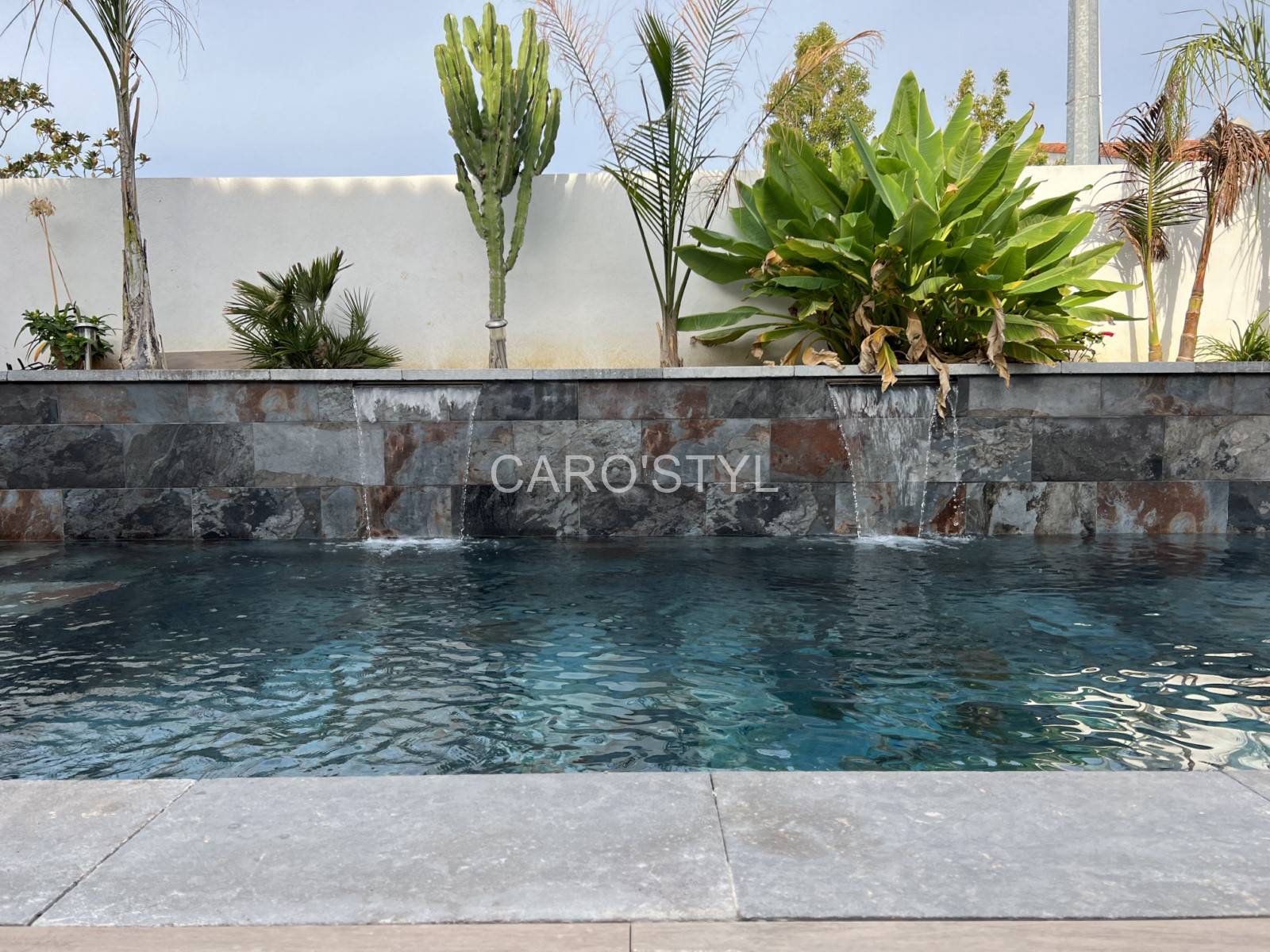 Piscine pierre de Bali eau verte naturelle Lyon